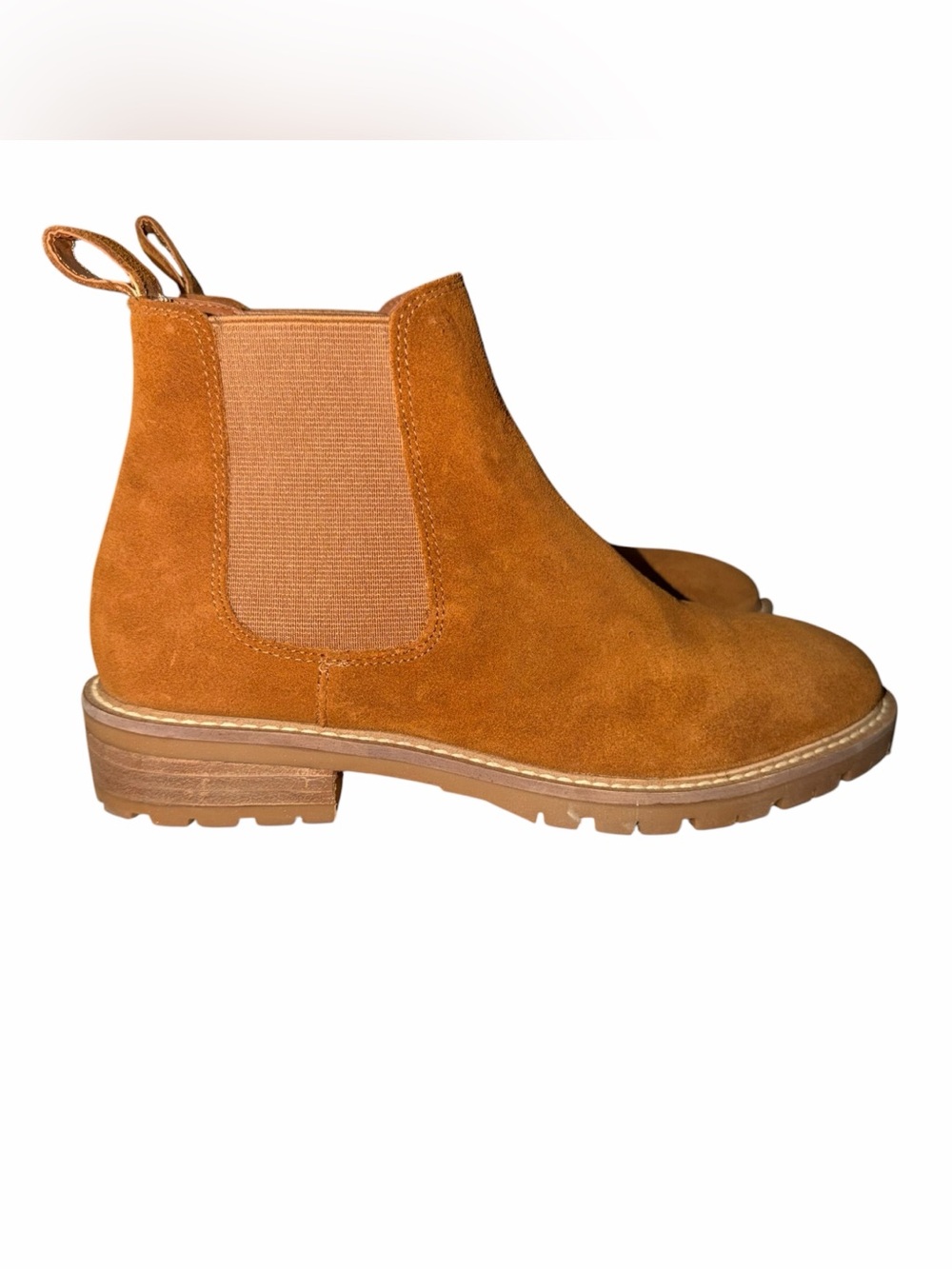 Steve Madden Leopold Suede Chelsea Boots Cognac Brown Lug Sole Leather Women 7.5 - Picture 2 of 9